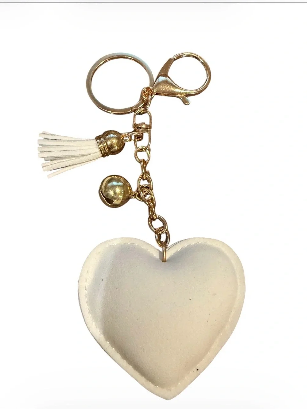 Crystal Heart Bag Charm/Keychain with Tassel - Gold Hardware, White Tassel